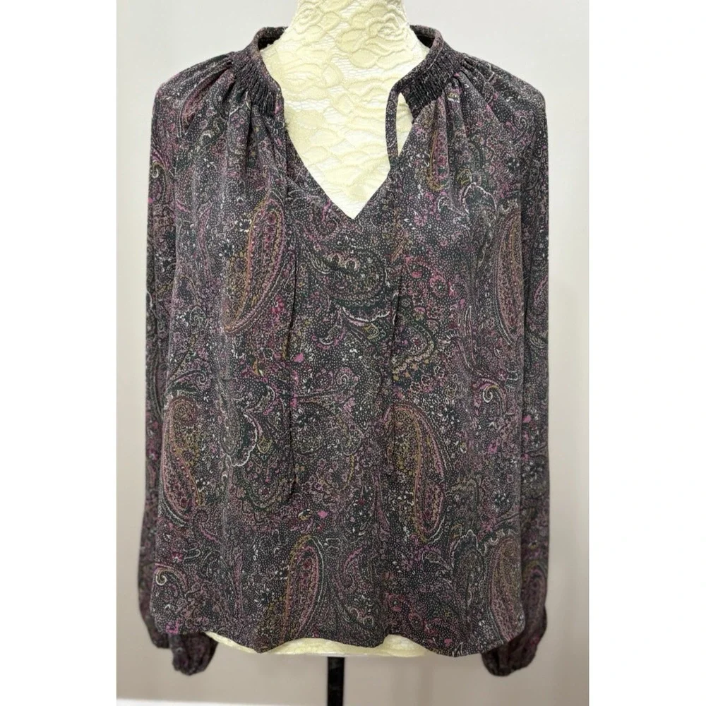 NEW Evereve Womens L Kyra Paisley Blouse Smocked V Neck Balloon Sleeve Boho USA